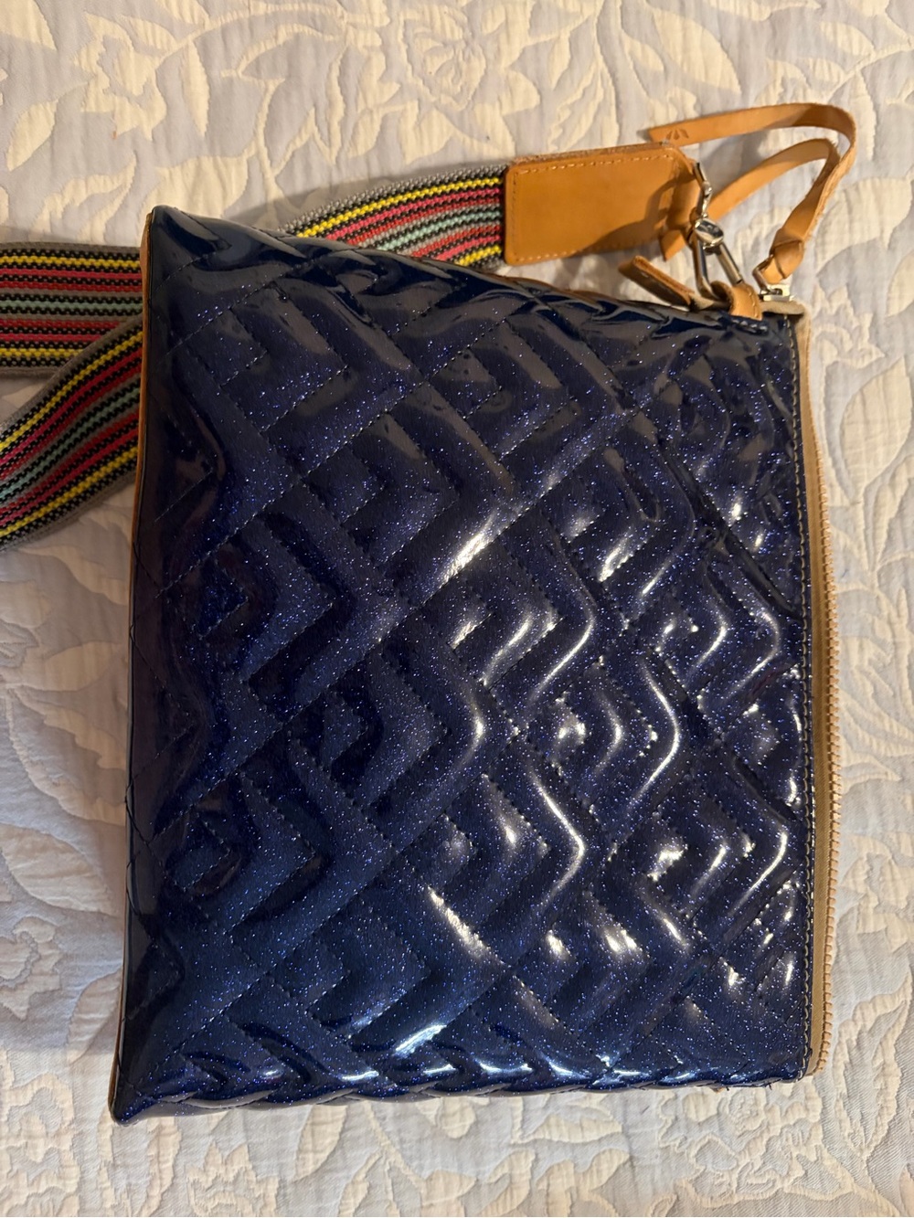 Sparkle Quilted Navy Crossbody with Striped Strap - Picture 3 of 5